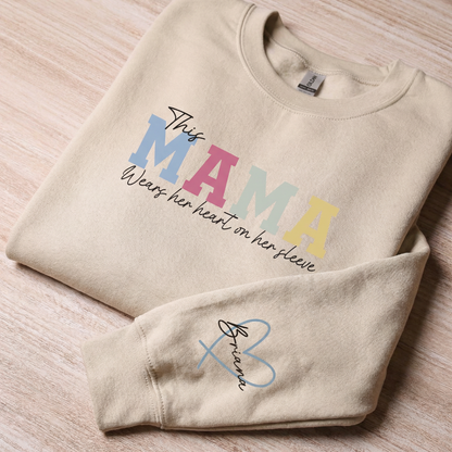 Personalized MAMA Wears Her Heart On Her Sleeve Sweatshirt