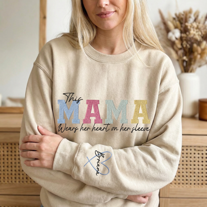 Personalized MAMA Wears Her Heart On Her Sleeve Sweatshirt