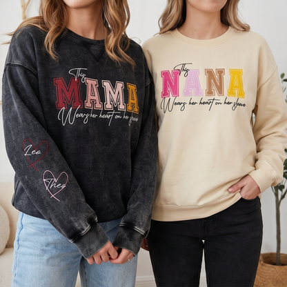 Vintage Wash Custom Heart Sleeve Sweatshirt | Personalized Gift for Mom & Grandma