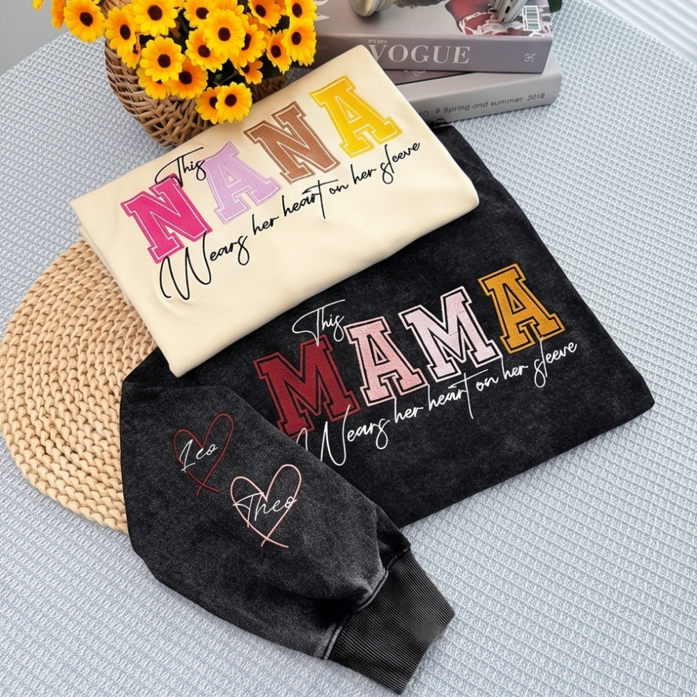 Vintage Wash Custom Heart Sleeve Sweatshirt | Personalized Gift for Mom & Grandma
