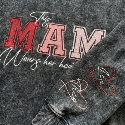 Vintage Wash Custom Heart Sleeve Sweatshirt | Personalized Gift for Mom & Grandma